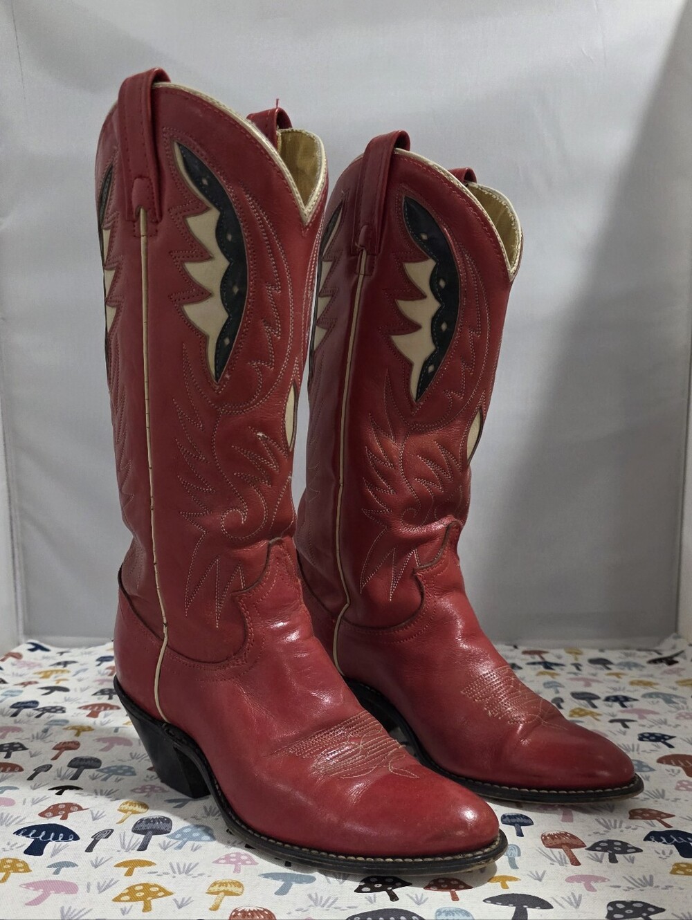 Vintage 1970s ACME Red Western Cowboy Boots with Cream & Black Inset